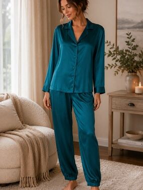 Vintage Victoria's Secret Gold Label 100% Silk Pajama Set Emerald Green M L